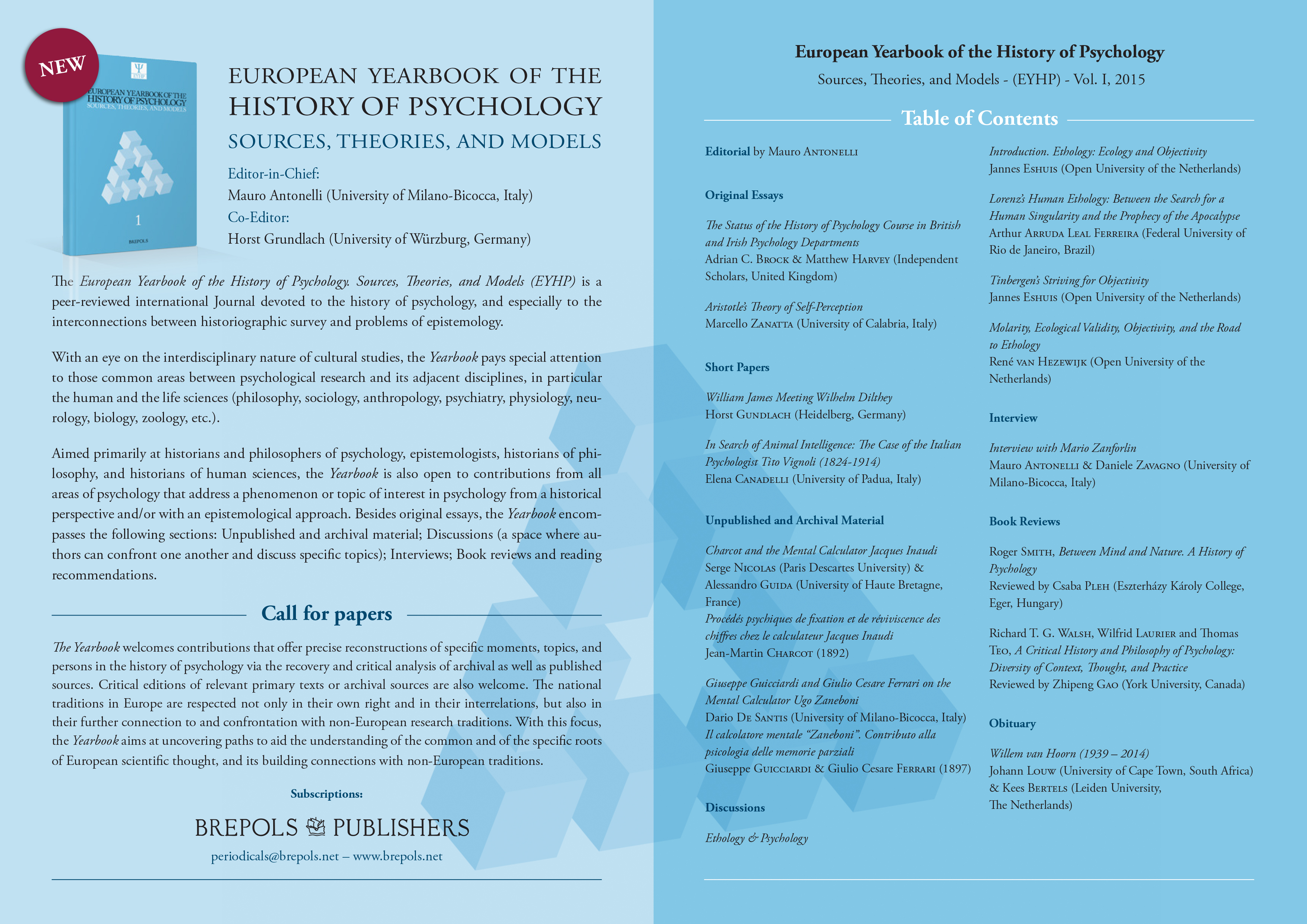 European Yearbook of the History of Psychology. Sources, Theories, and Models (EYHP)