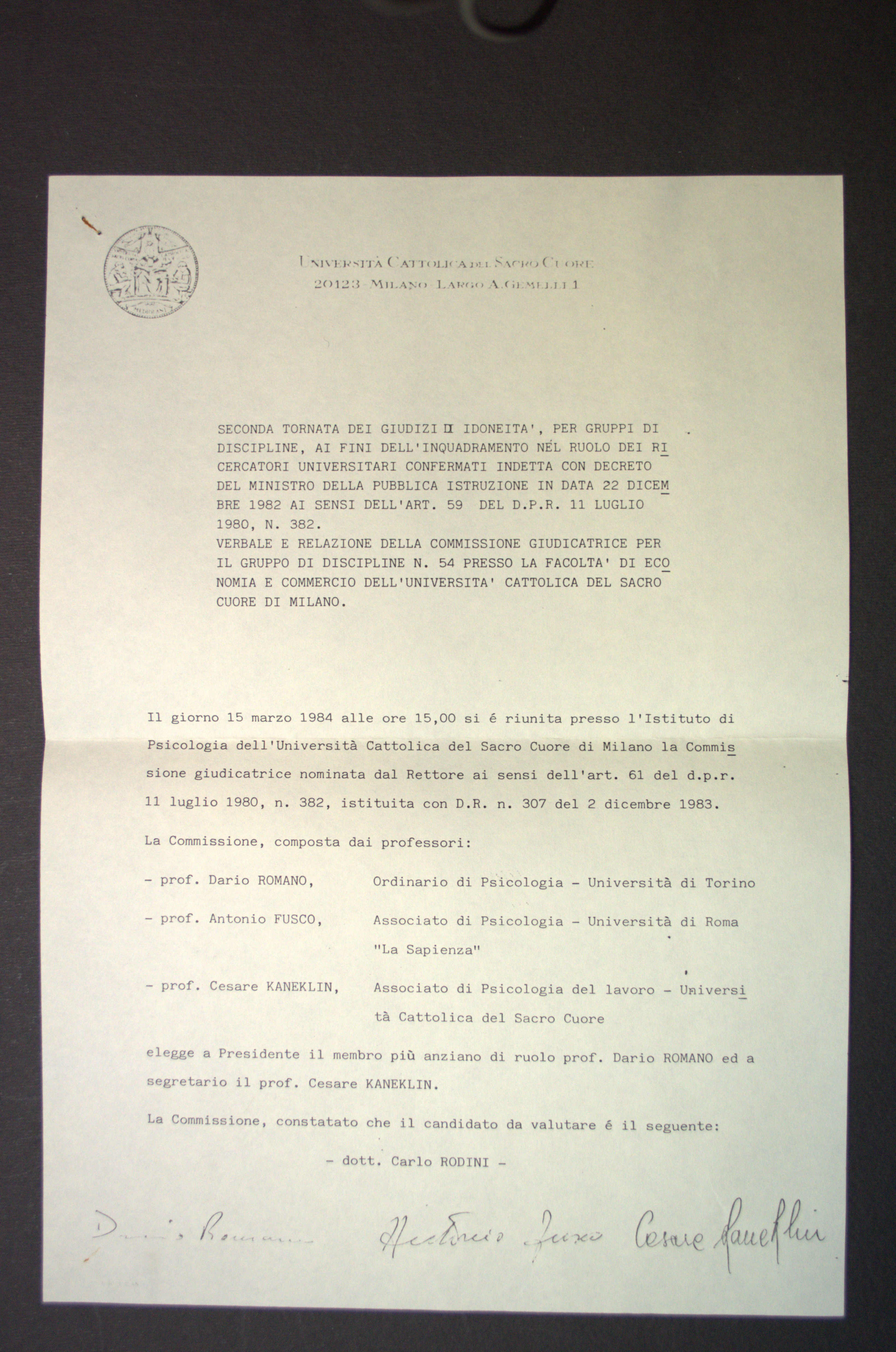 Giudizi della commissione giudicatrice (1984 marzo 15) – Aspi ...