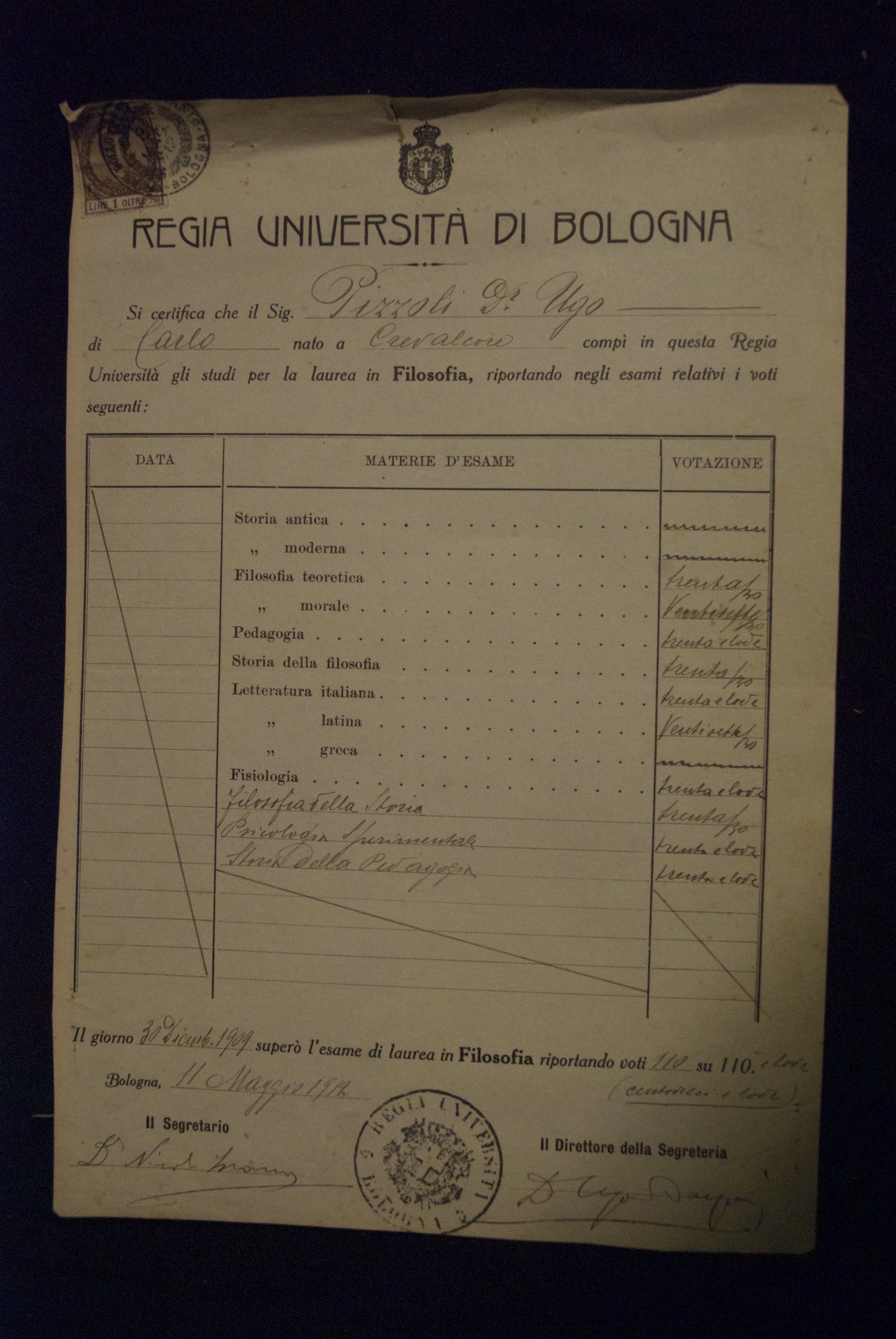 Certificato Di Laurea In Filosofia 1912 Mag 11 Aspi Archivio Storico Della Psicologia Italiana