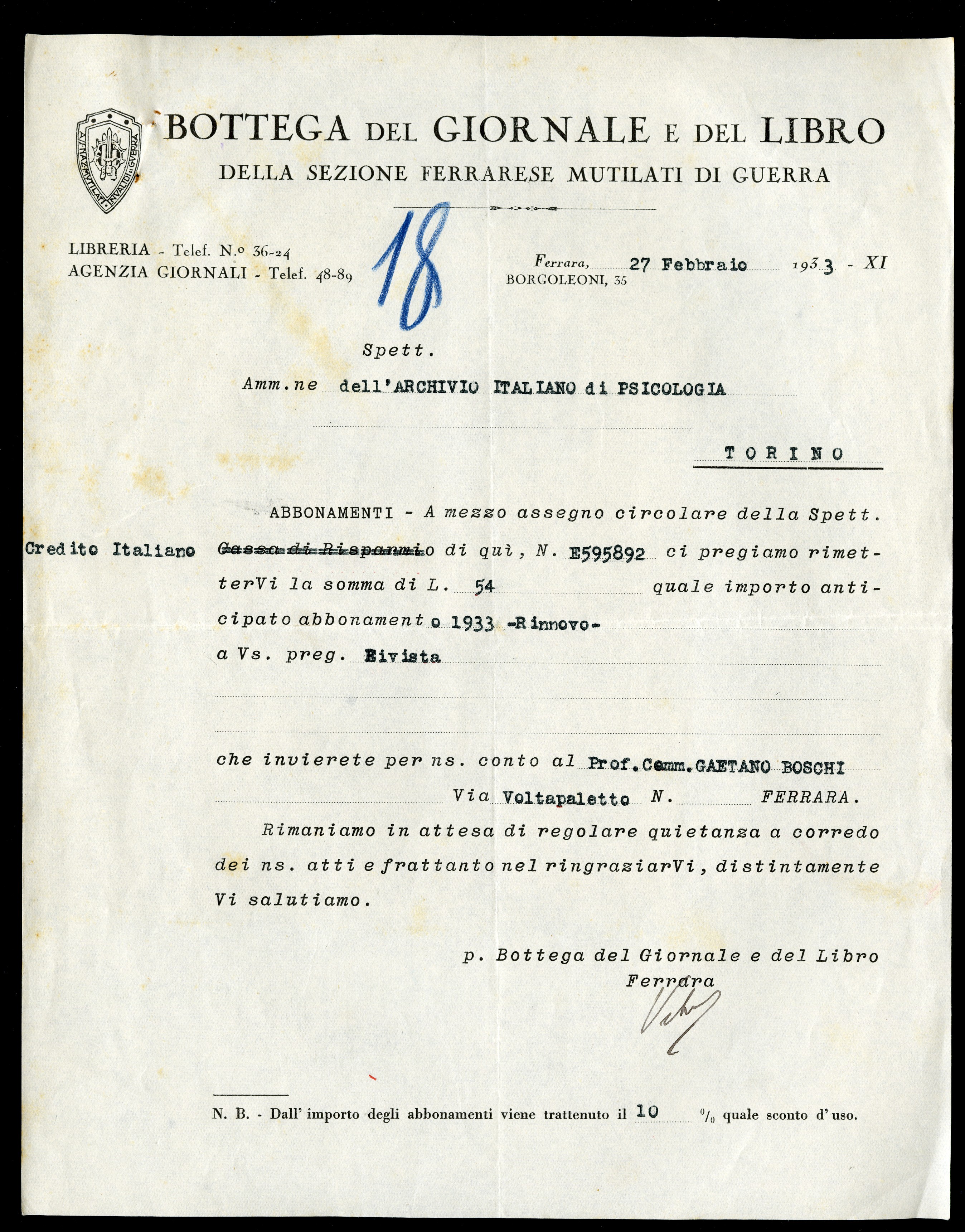 Corrispondenza relativa ad abbonamenti e scambi di ...