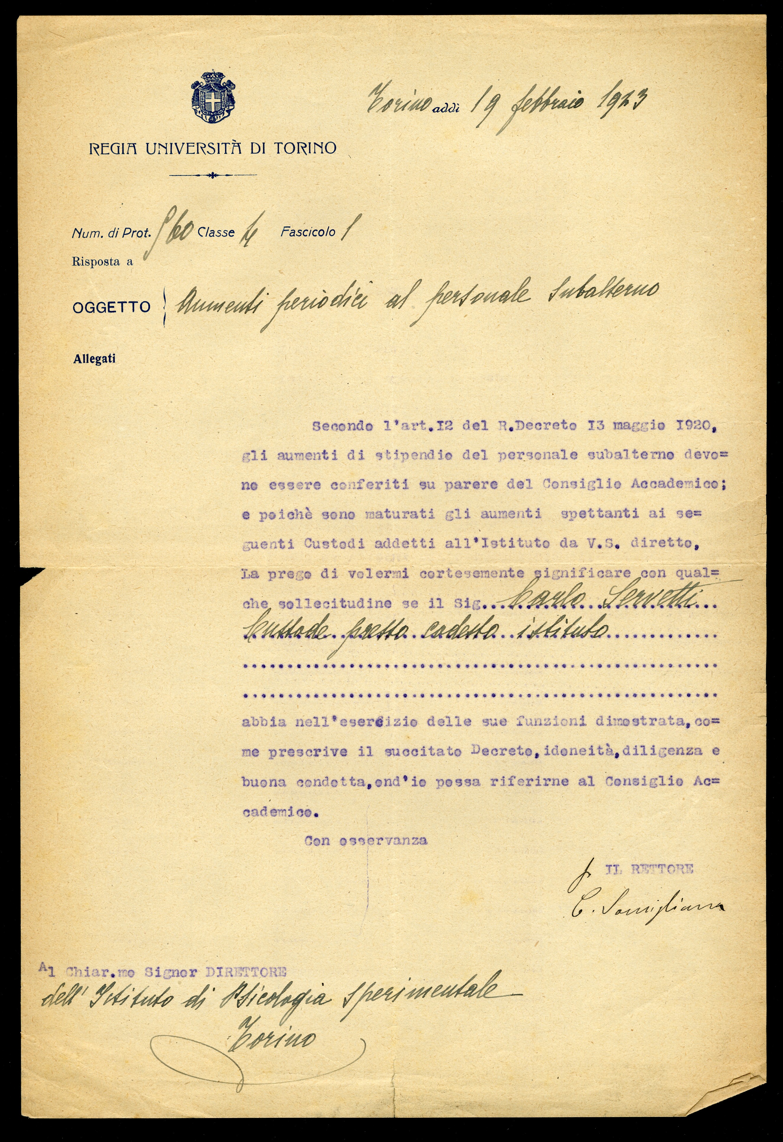 Corrispondenza relativa al personale dell'Istituto (1906 ...
