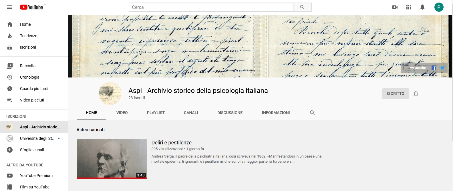 Inaugurato il canale YouTube Aspi